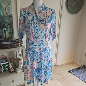 Floral Print V-Neck Tiered Women’s Dress - Blue & Pink